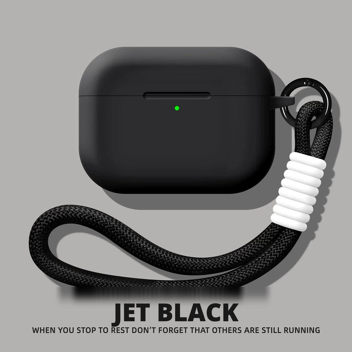 Liquid Silicone AirPods Case with Strap – Jet Black